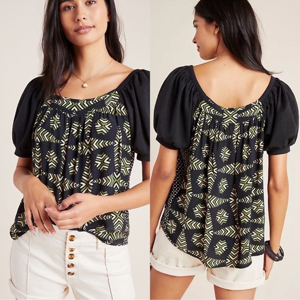 Maeve Catalina Printed Puff Sleeve Sparkly sleeve blouse